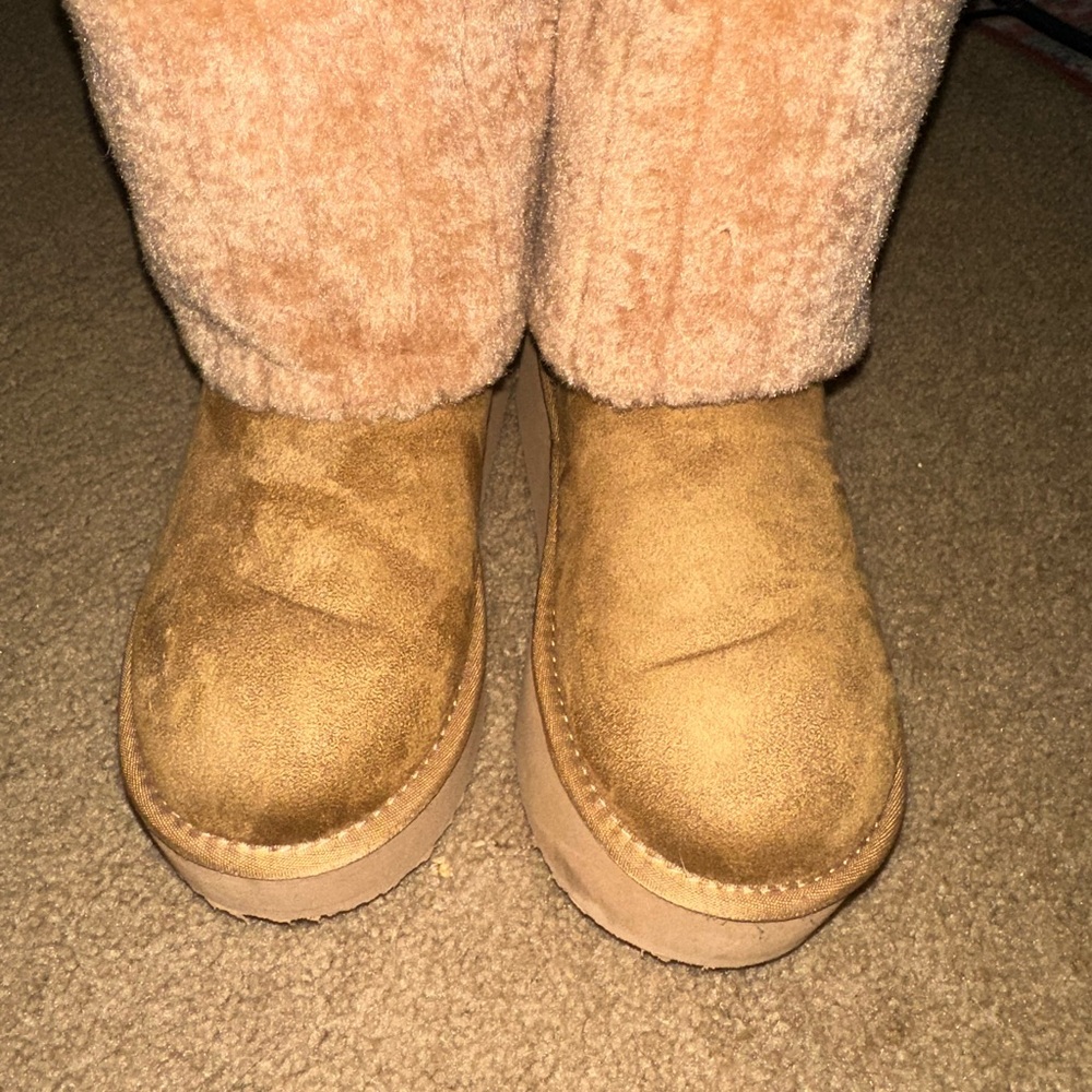 Tan Suede Platform UGG Inspired Boots - Picture 2 of 4